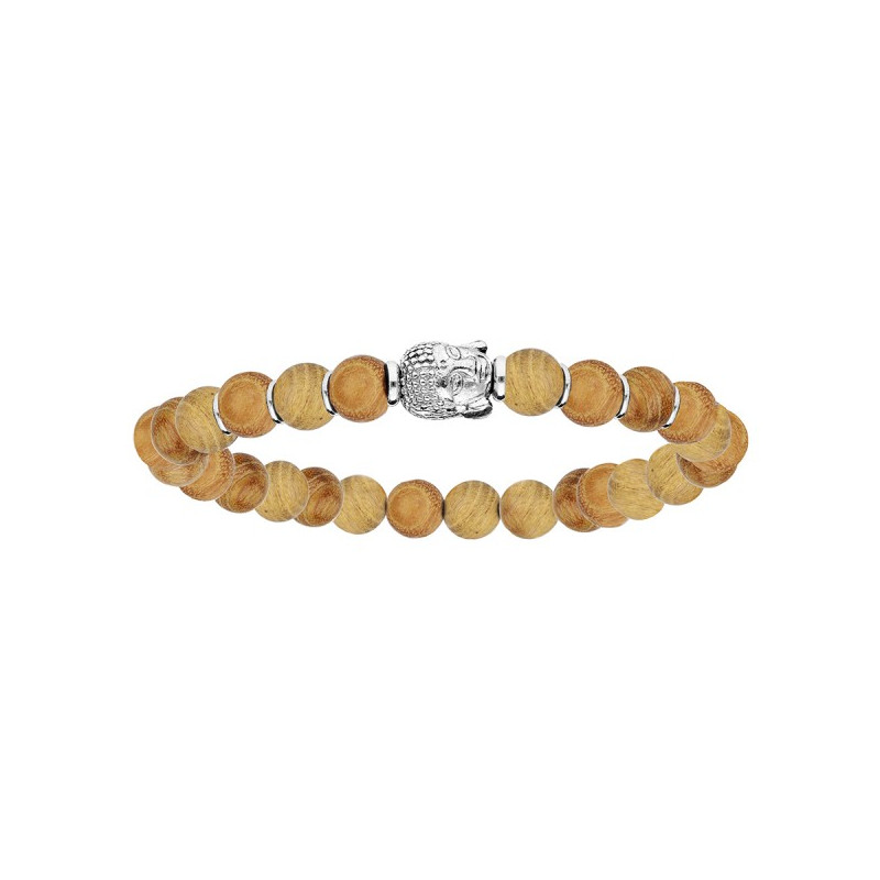 BRACELET ARGENT EXTENSIBLE PERLES BOIS CLAIR ET BOUDDHA