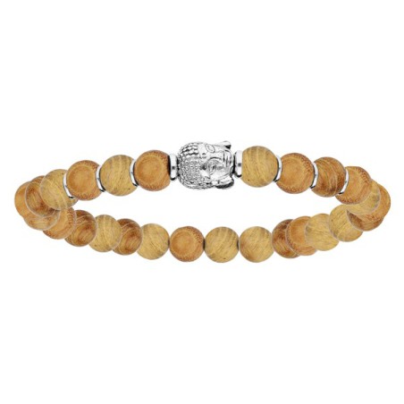 BRACELET ARGENT EXTENSIBLE PERLES BOIS CLAIR ET BOUDDHA