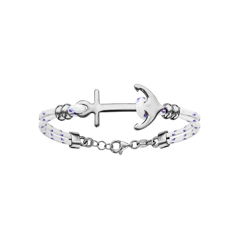 BRACELET ARGENT RHODIE CORDE & ANCRE MARINE