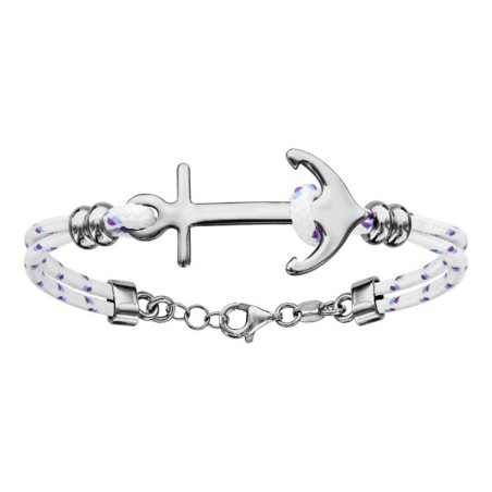 BRACELET ARGENT RHODIE CORDE & ANCRE MARINE