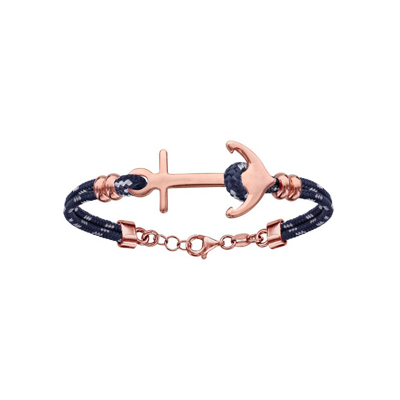 BRACELET ARGENT RHODIE CORDE & ANCRE MARINE
