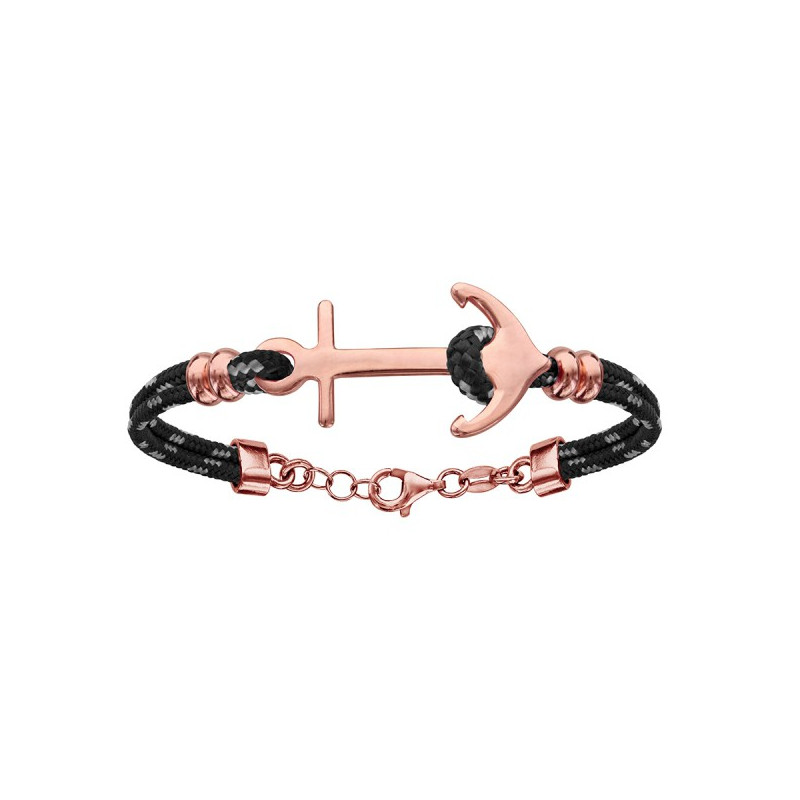 BRACELET ARGENT RHODIE CORDE & ANCRE MARINE