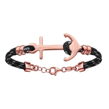 BRACELET ARGENT RHODIE CORDE & ANCRE MARINE