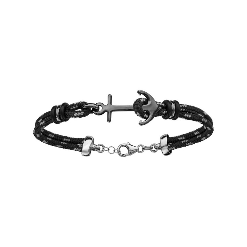 BRACELET ARGENT RHODIE CORDE & ANCRE MARINE
