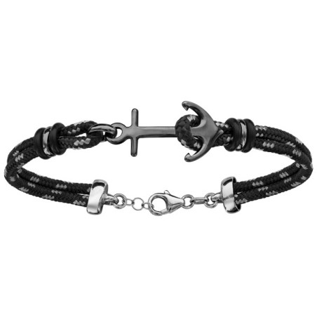 BRACELET ARGENT RHODIE CORDE & ANCRE MARINE