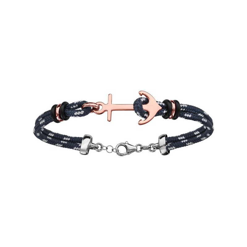 BRACELET ARGENT RHODIE CORDE & ANCRE MARINE