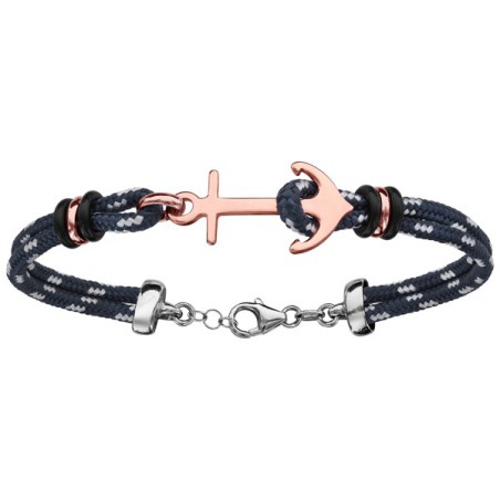 BRACELET ARGENT RHODIE CORDE & ANCRE MARINE