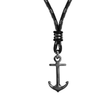 COLLIER ARGENT RHODIE CORDE NOIRE ET GRISE ANCRE NOIRE