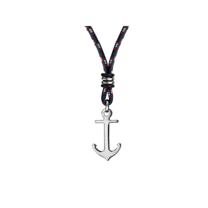 COLLIER ARGENT RHODIE CORDE NOIRE ET GRISE ANCRE NOIRE