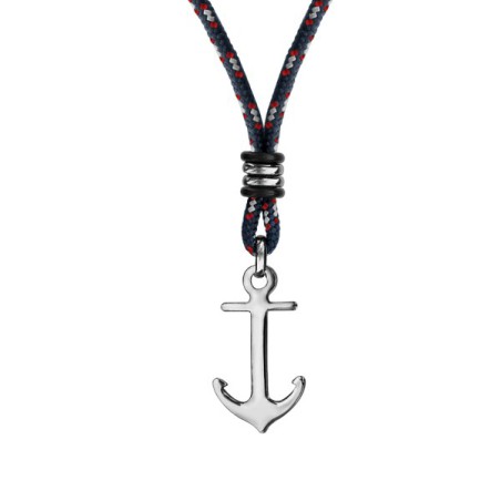 COLLIER ARGENT RHODIE CORDE NOIRE ET GRISE ANCRE NOIRE