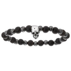 BRACELET ACIER EXTENSIBLE BOIS NOIR ET PIERRE DE LAVE AVEC TETE DE MORT