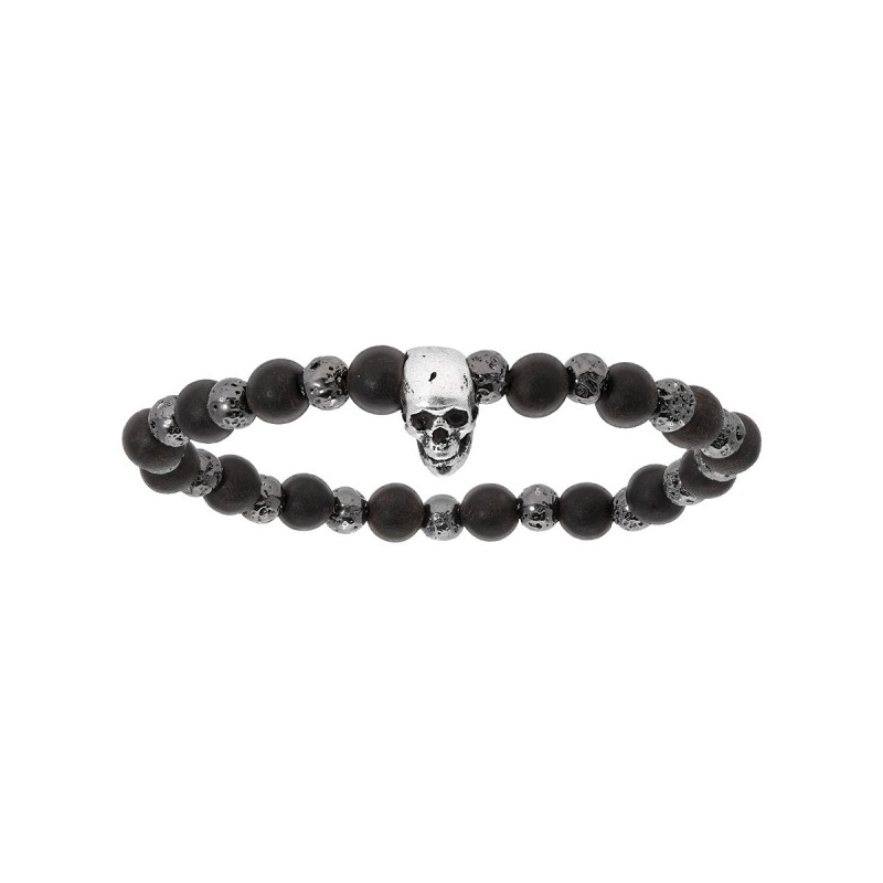 BRACELET ACIER EXTENSIBLE BOIS NOIR ET PIERRE DE LAVE AVEC TETE DE MORT