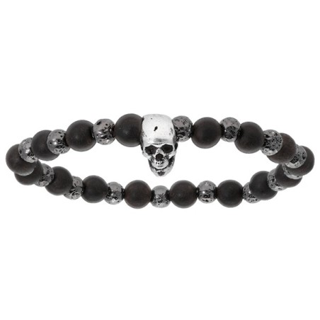 BRACELET ACIER EXTENSIBLE BOIS NOIR ET PIERRE DE LAVE AVEC TETE DE MORT