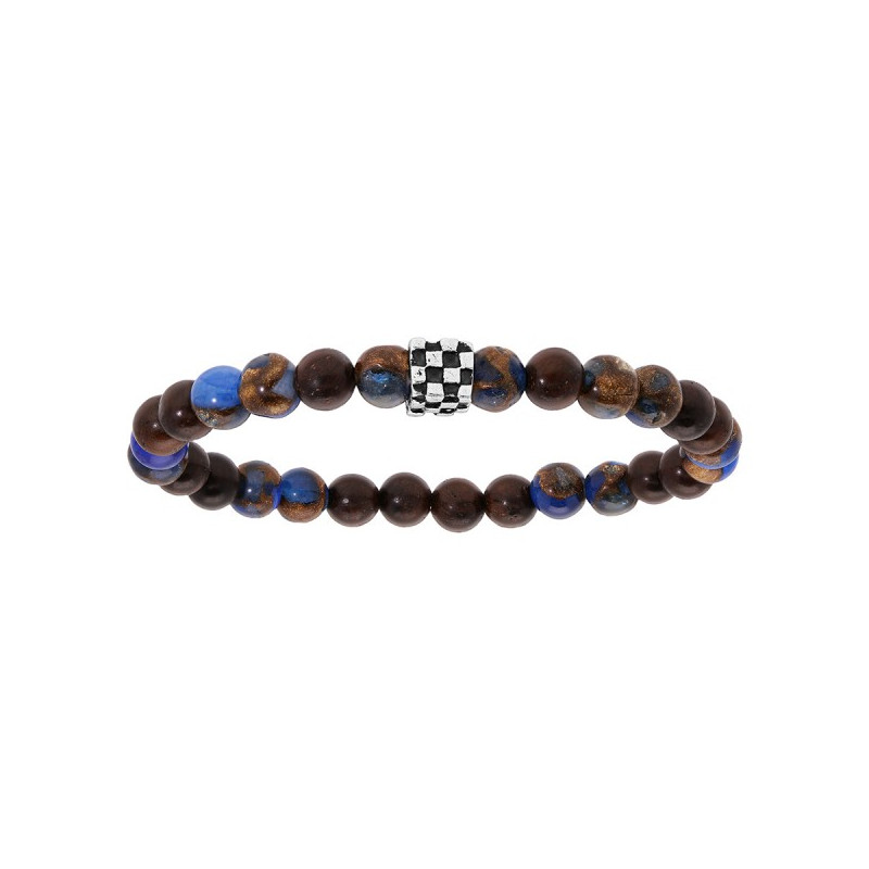 BRACELET ACIER EXTENSIBLE BOIS NOIR ET PIERRE DE LAVE AVEC TETE DE MORT