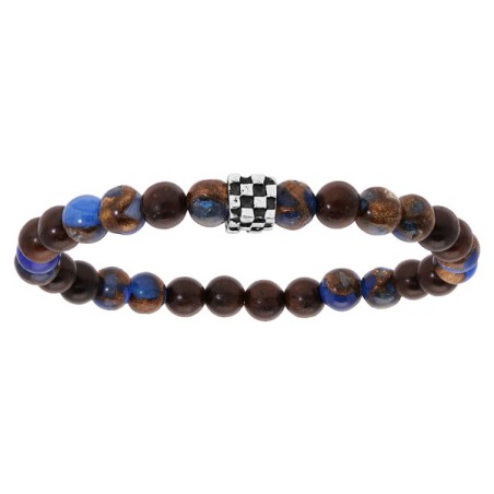 BRACELET ACIER EXTENSIBLE BOIS NOIR ET PIERRE DE LAVE AVEC TETE DE MORT