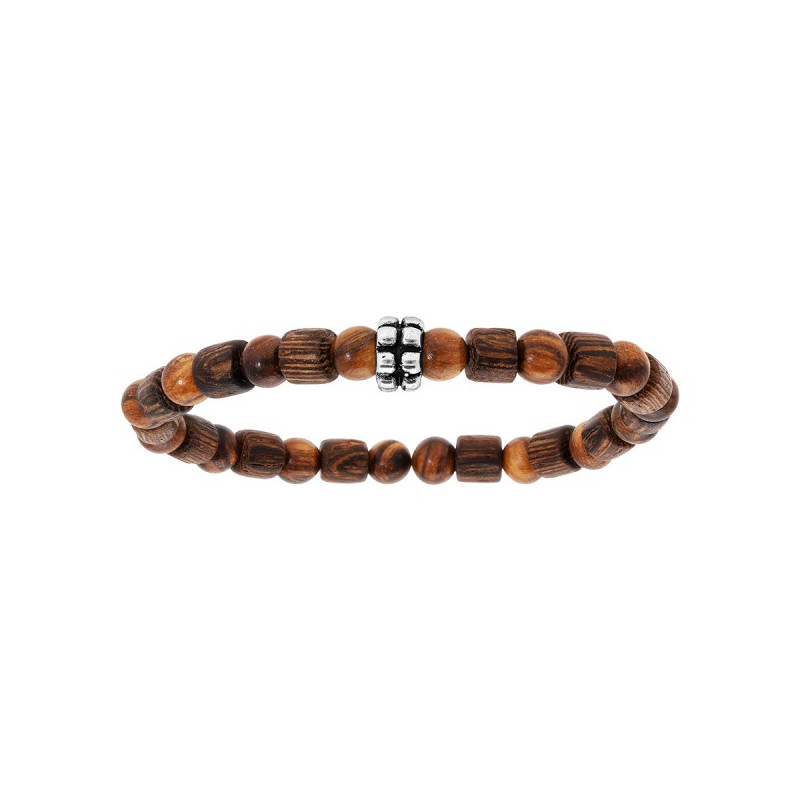 BRACELET ACIER EXTENSIBLE BOIS NOIR ET PIERRE DE LAVE AVEC TETE DE MORT