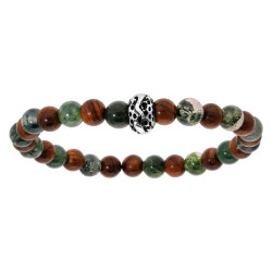 BRACELET ACIER EXTENSIBLE BOIS NOIR ET PIERRE DE LAVE AVEC TETE DE MORT