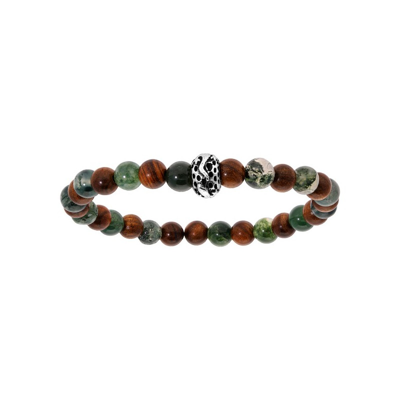 BRACELET ACIER EXTENSIBLE BOIS NOIR ET PIERRE DE LAVE AVEC TETE DE MORT