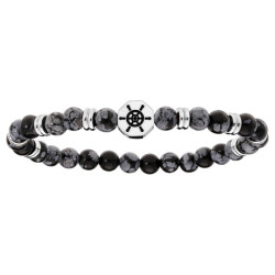 BRACELET ACIER EXTENSIBLE BOIS NOIR ET PIERRE DE LAVE AVEC TETE DE MORT