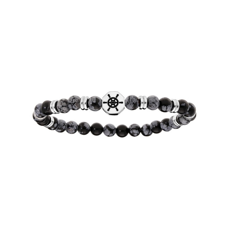 BRACELET ACIER EXTENSIBLE BOIS NOIR ET PIERRE DE LAVE AVEC TETE DE MORT