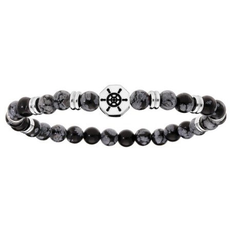 BRACELET ACIER EXTENSIBLE BOIS NOIR ET PIERRE DE LAVE AVEC TETE DE MORT