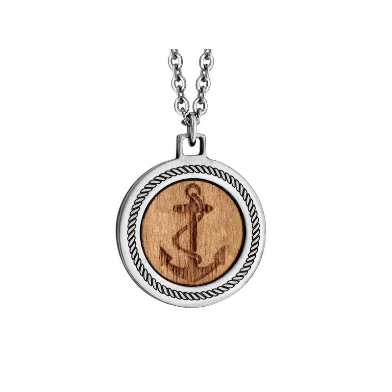 COLLIER ACIER PENDENTIF ET BOIS MOTIF ANCRE MARINE