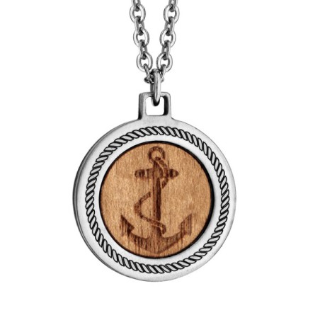 COLLIER ACIER PENDENTIF ET BOIS MOTIF ANCRE MARINE