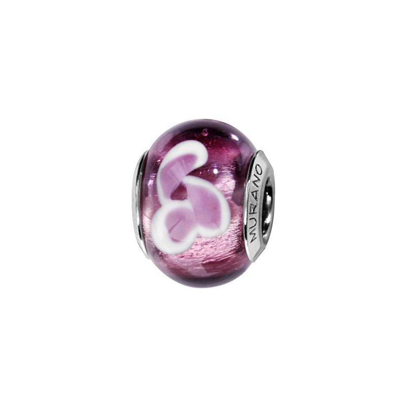CHARMS COULISSANT ARGENT RHODIE MURANO VIOLET AVEC FLEUR