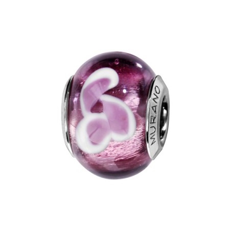 CHARMS COULISSANT ARGENT RHODIE MURANO VIOLET AVEC FLEUR