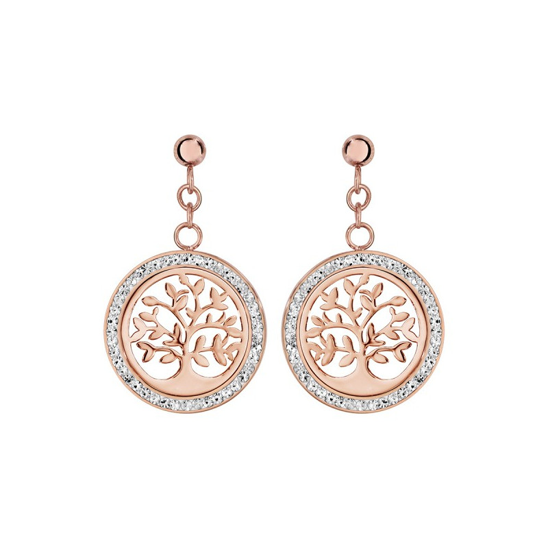 BOUCLES D'OREILLE ACIER ET PVD ROSE MOTIF ARBRE DE VIE