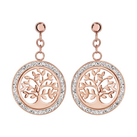BOUCLES D'OREILLE ACIER ET PVD ROSE MOTIF ARBRE DE VIE