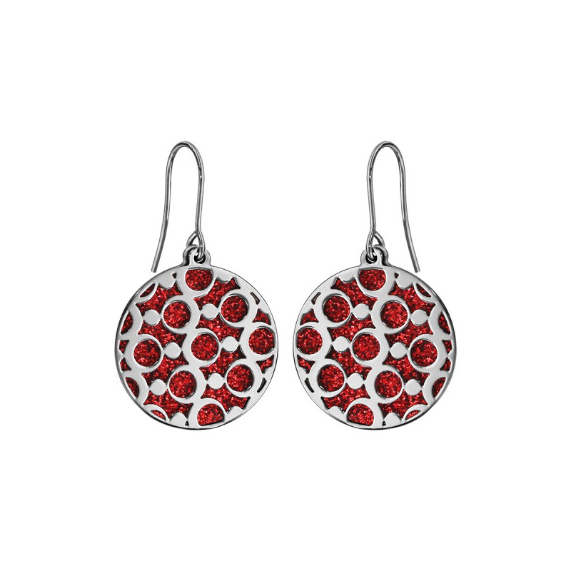 BOUCLES D'OREILLE ACIER MOTIFS RONDS GLITTER ROUGE
