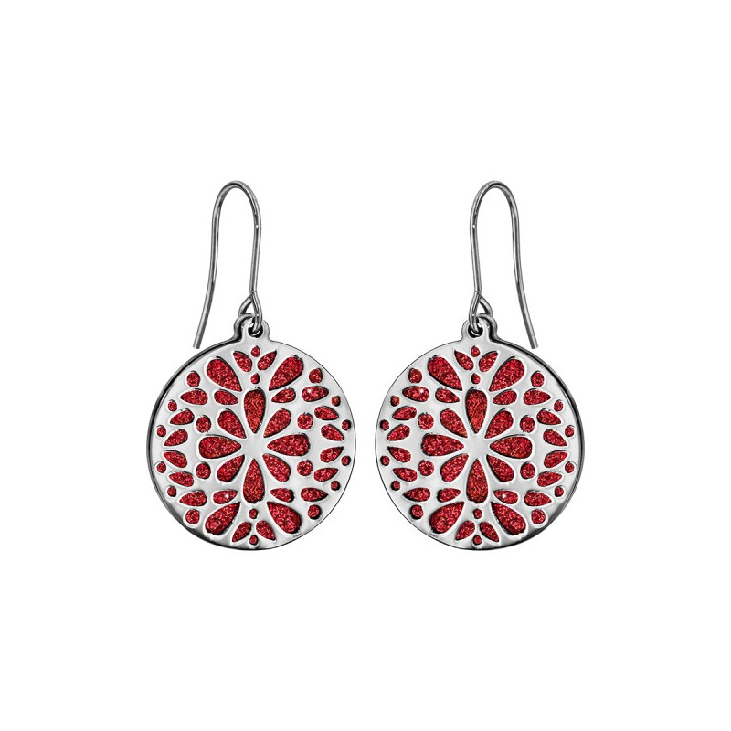 BOUCLES D'OREILLE ACIER MOTIFS RONDS GLITTER ROUGE