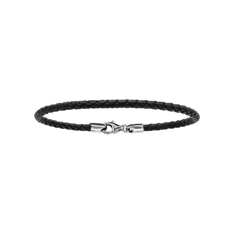 BRACELET ARGENT RHODIE ET CUIR TRESSE BOVIN NOIR