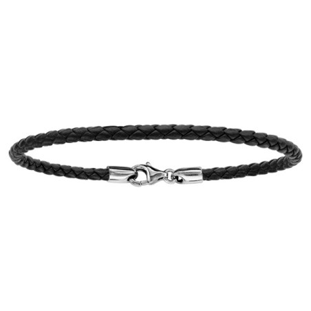 BRACELET ARGENT RHODIE ET CUIR TRESSE BOVIN NOIR