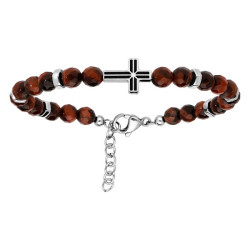 BRACELET ACIER BOULES OEIL DE TIGRE GRENAT AVEC CROIX