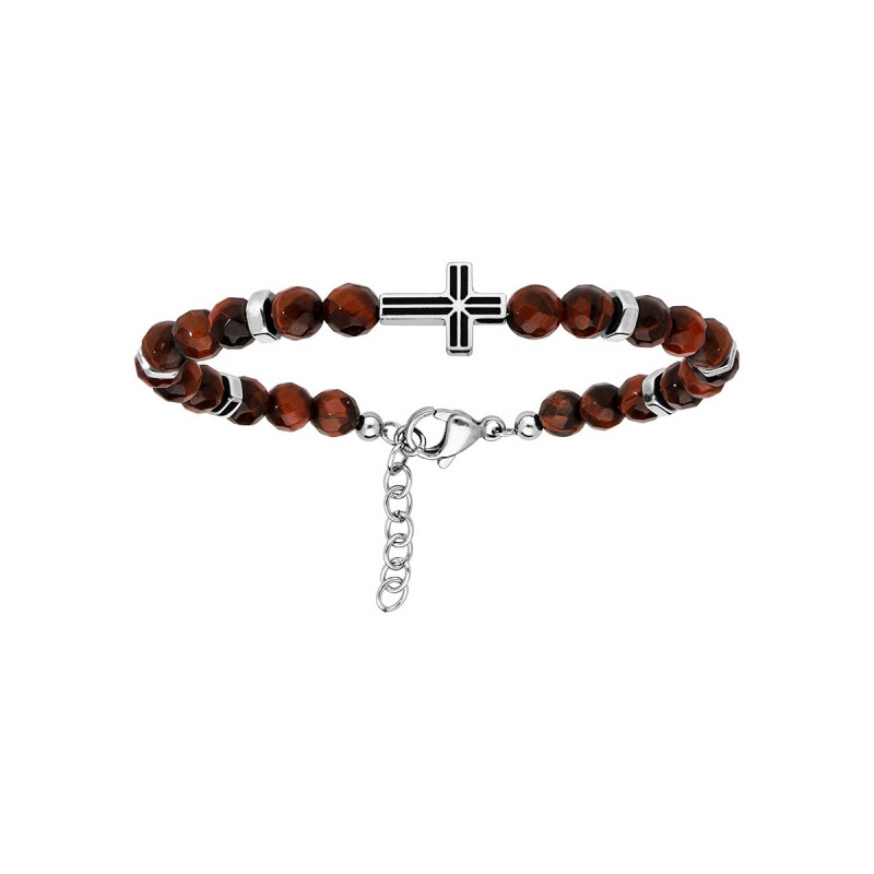 BRACELET ACIER BOULES OEIL DE TIGRE GRENAT AVEC CROIX