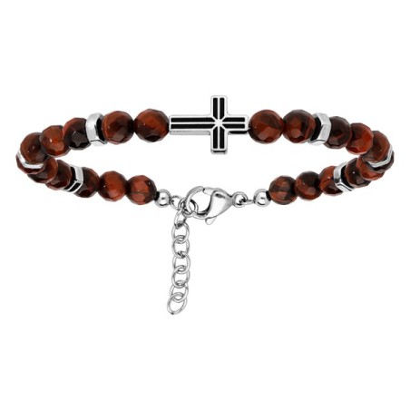 BRACELET ACIER BOULES OEIL DE TIGRE GRENAT AVEC CROIX