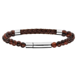 BRACELET ACIER BOULES OEIL DE TIGRE ET CUIR