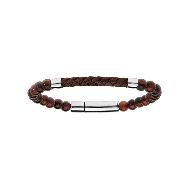 BRACELET ACIER BOULES OEIL DE TIGRE ET CUIR
