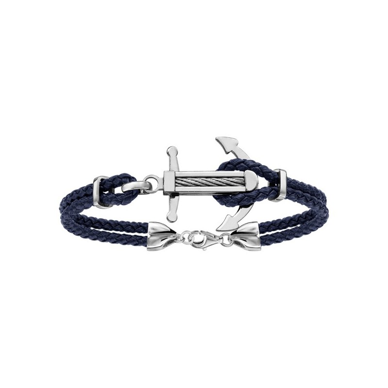 BRACELET ACIER DOUBLE CUIR BLEU MARINE ANCRE MARINE