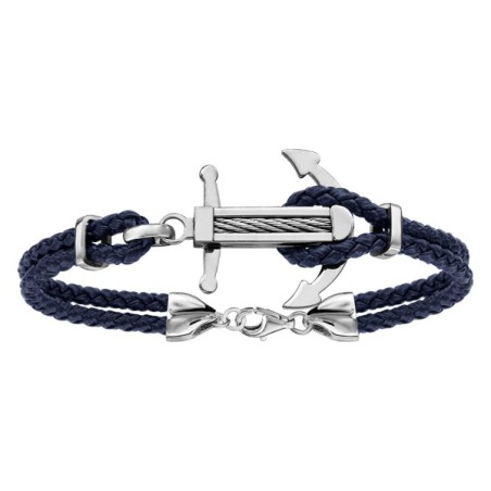 BRACELET ACIER DOUBLE CUIR BLEU MARINE ANCRE MARINE