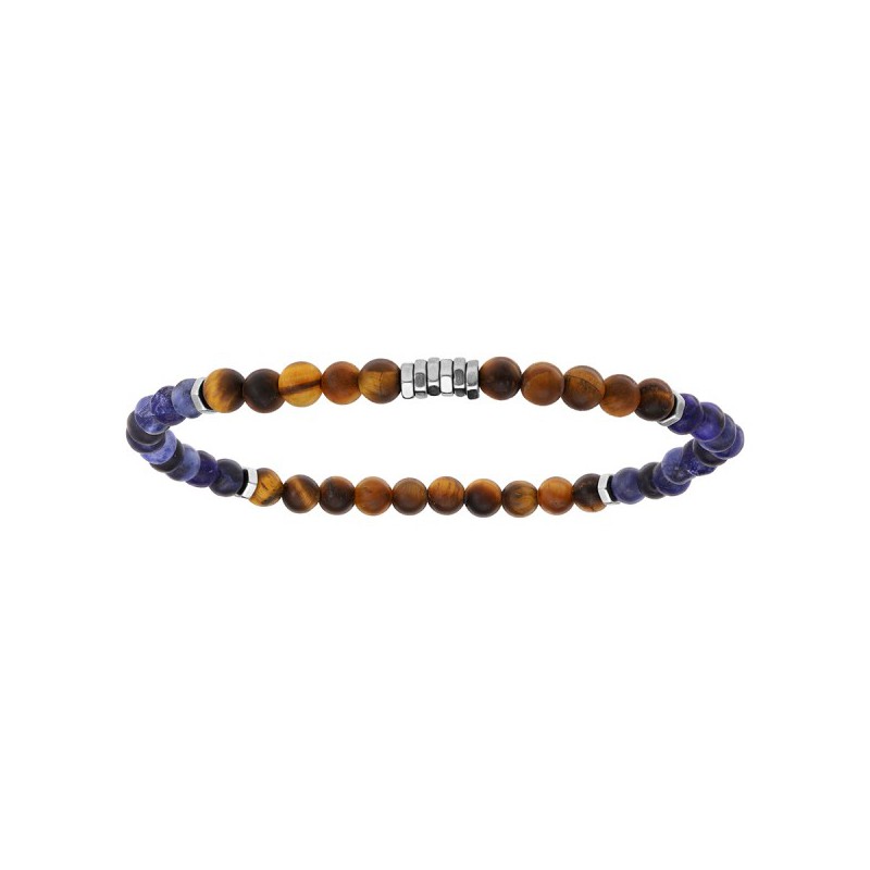 BRACELET ACIER EXTENSIBLE BOULES OEIL DE TIGRE ET QUARTZ
