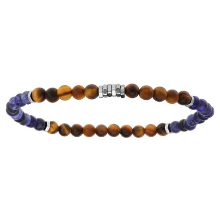 BRACELET ACIER EXTENSIBLE BOULES OEIL DE TIGRE ET QUARTZ