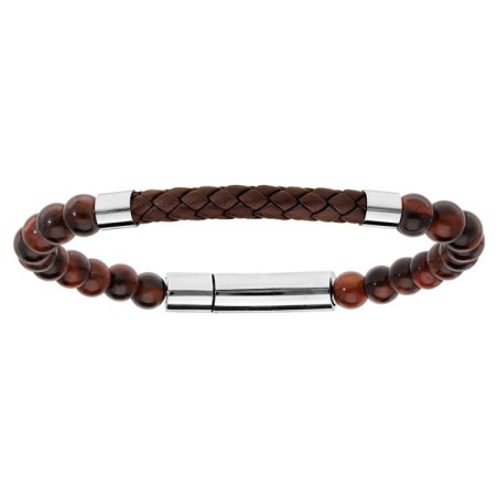 BRACELET ACIER EXTENSIBLE BOULES OEIL DE TIGRE ET QUARTZ