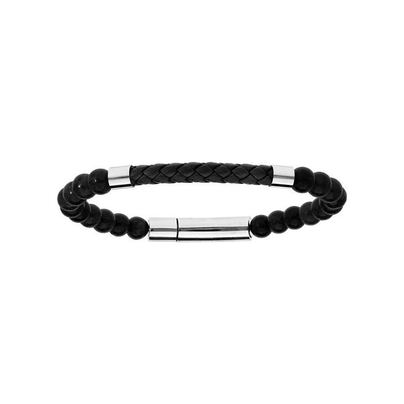 BRACELET ACIER EXTENSIBLE BOULES OEIL DE TIGRE ET QUARTZ