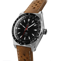 Yema Rallygraf Urban Sport automatique cadran noir bracelet cuir marron perforé