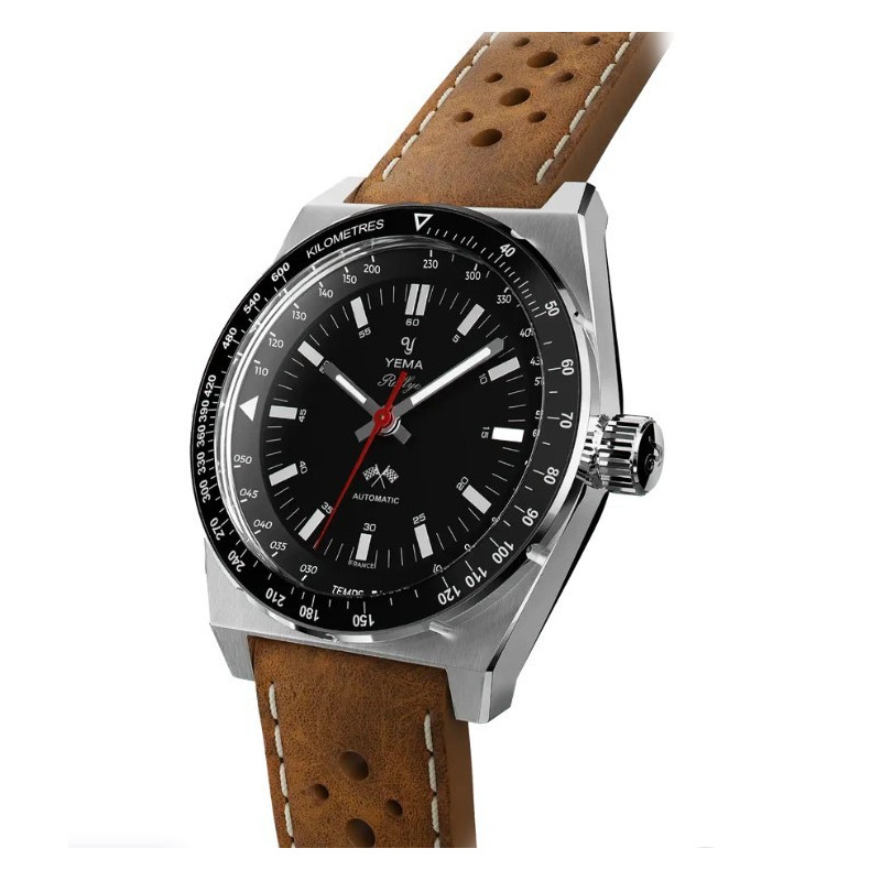 Yema Rallygraf Urban Sport automatique cadran noir bracelet cuir marron perforé